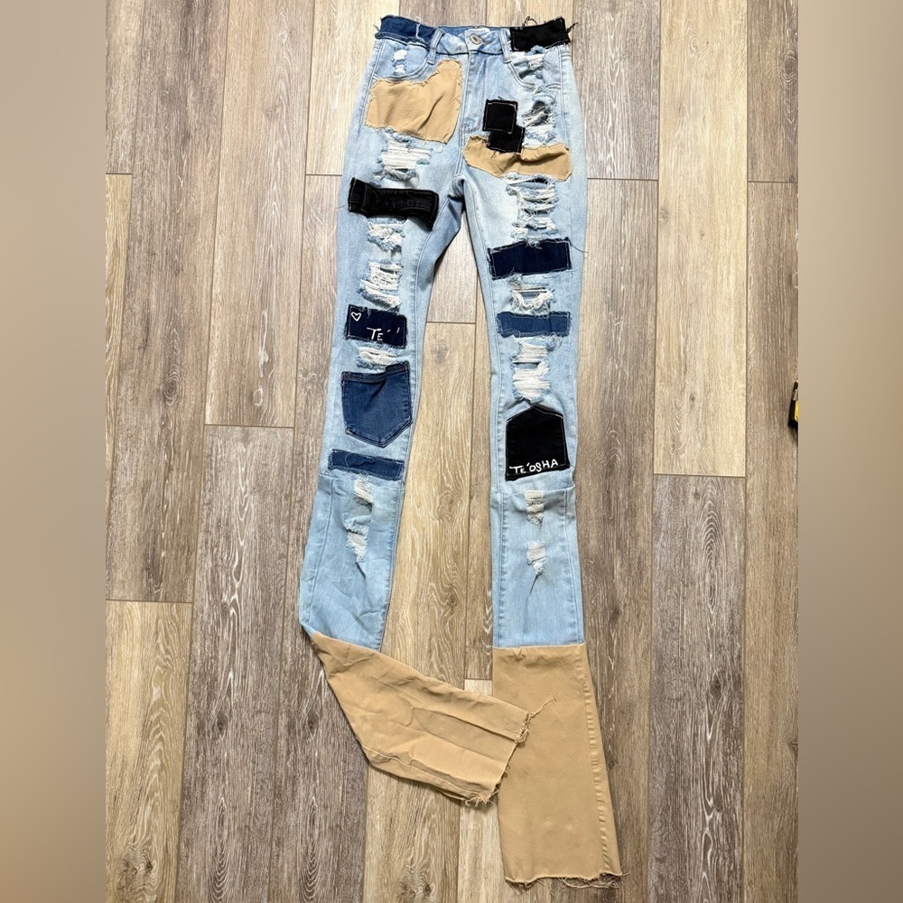 NWOT Rue21 Men's Ripped Patchwork Skinny Jeans - Light Blue, Tan, Black size 6